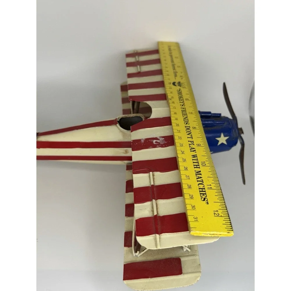 Vintage Airplane Biplane 1920s Blue Red Collectible Metal Tin - Model for Decor